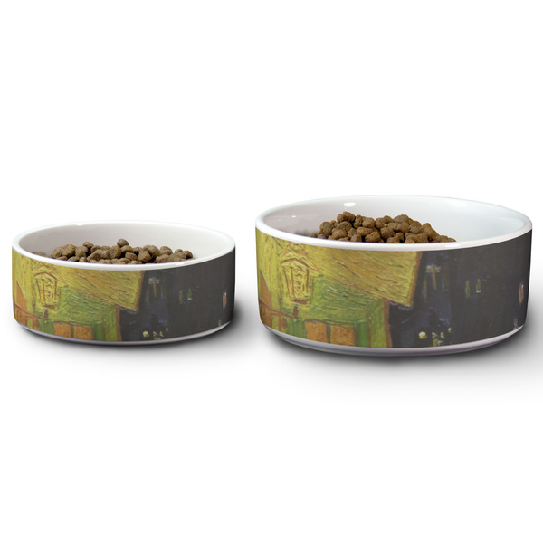 Cafe Terrace at Night (Van Gogh 1888) Ceramic Dog Bowls - Size Comparison
