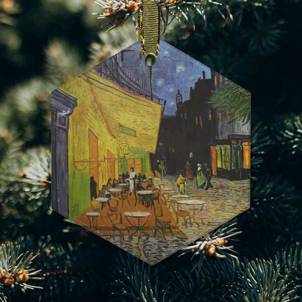 Cafe Terrace at Night (Van Gogh 1888) Frosted Glass Ornament - Hexagon (Lifestyle)