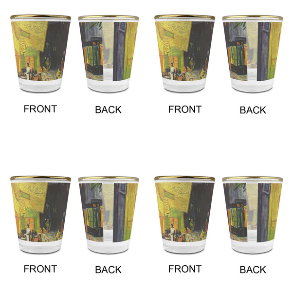 Cafe Terrace at Night (Van Gogh 1888) Glass Shot Glass - Gold Rim - Set of 4 - Front & Back