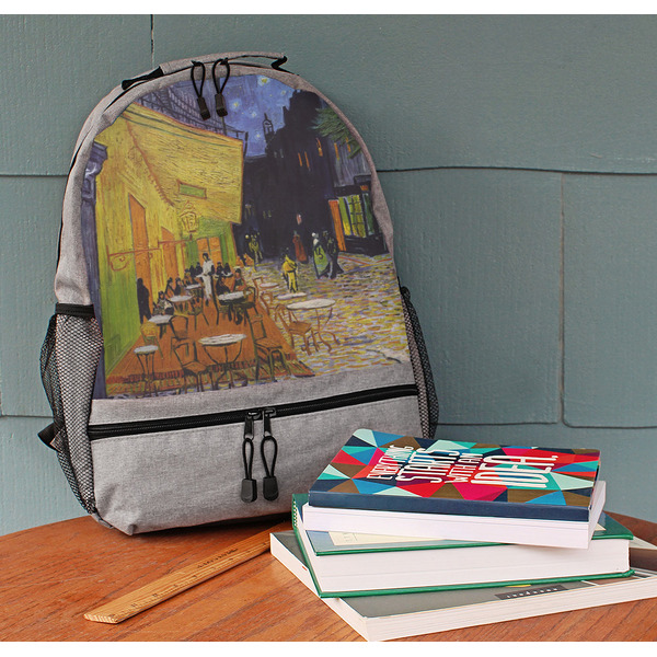Cafe Terrace at Night (Van Gogh 1888) Large Backpack - Gray - On Desk