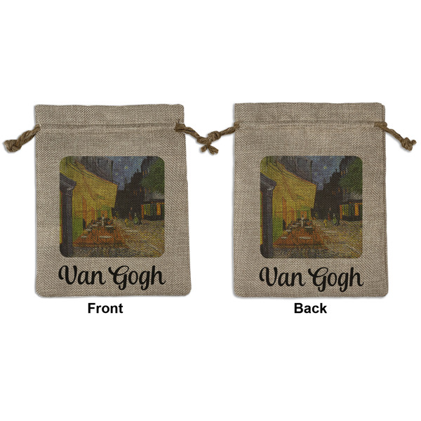 Custom Cafe Terrace at Night (Van Gogh 1888) Medium Burlap Gift Bag - Front & Back