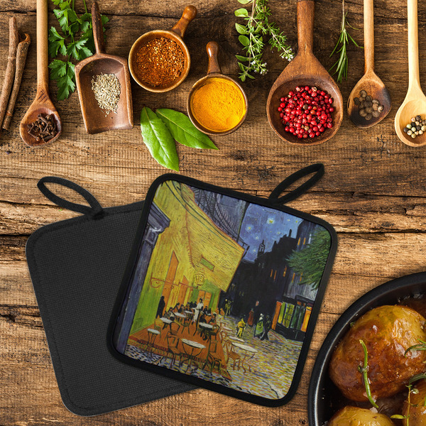 Cafe Terrace at Night (Van Gogh 1888) Neoprene Pot Holder - Set of 2  LIFESTYLE (Flatlay)