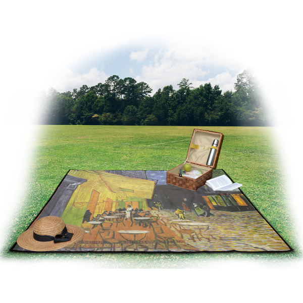 Cafe Terrace at Night (Van Gogh 1888) Picnic Blanket - with Basket Hat and Book - in Use