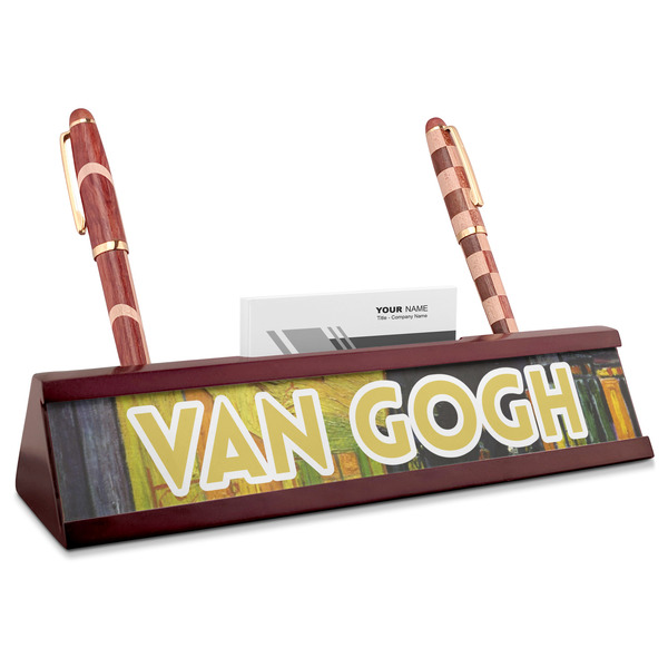 Custom Cafe Terrace at Night (Van Gogh 1888) Red Mahogany Nameplate with Business Card Holder