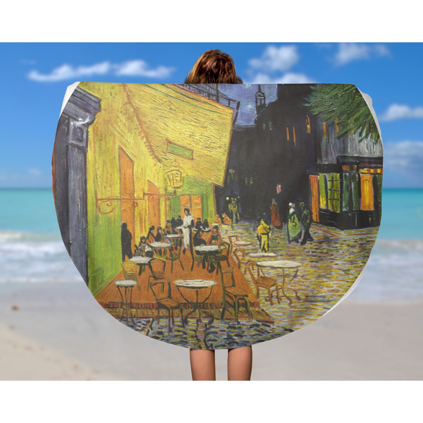 Cafe Terrace at Night (Van Gogh 1888) Round Beach Towel - In Use