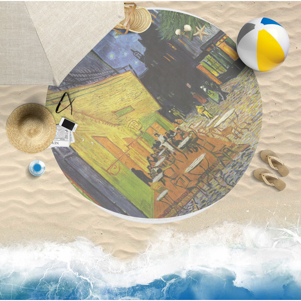 Cafe Terrace at Night (Van Gogh 1888) Round Beach Towel Lifestyle