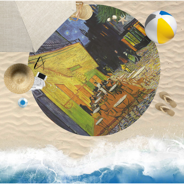 Cafe Terrace at Night (Van Gogh 1888) Round Beach Towel Lifestyle