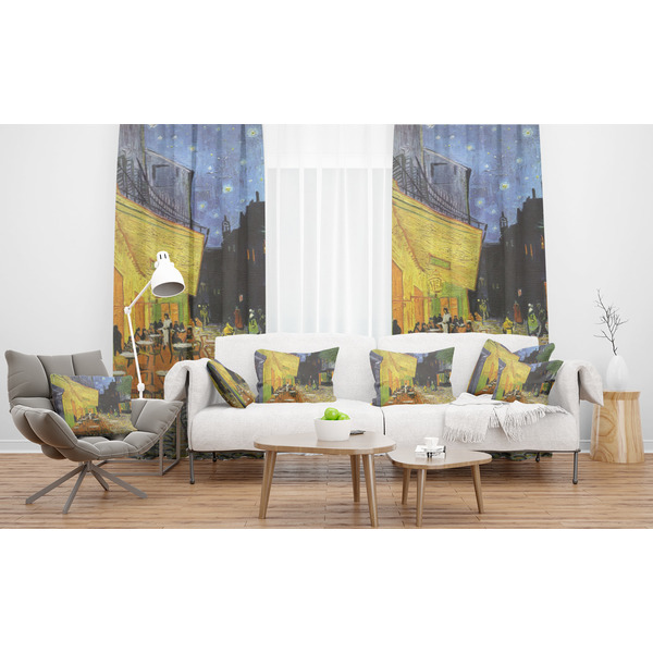 Cafe Terrace at Night (Van Gogh 1888) Sheer and Custom Curtains in Room with Matching Pillows