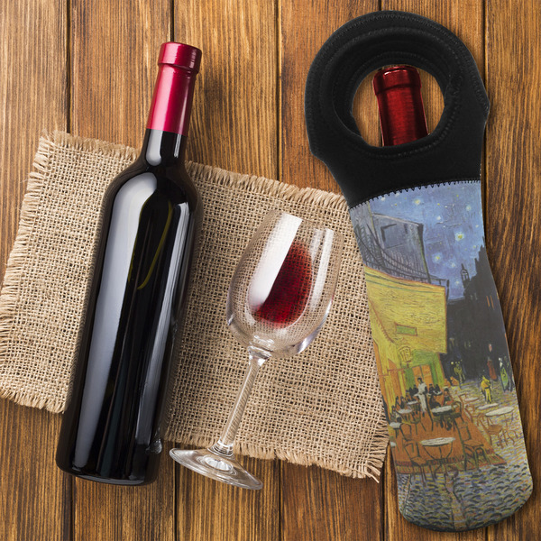 Cafe Terrace at Night (Van Gogh 1888) Wine Tote Bag - On Table