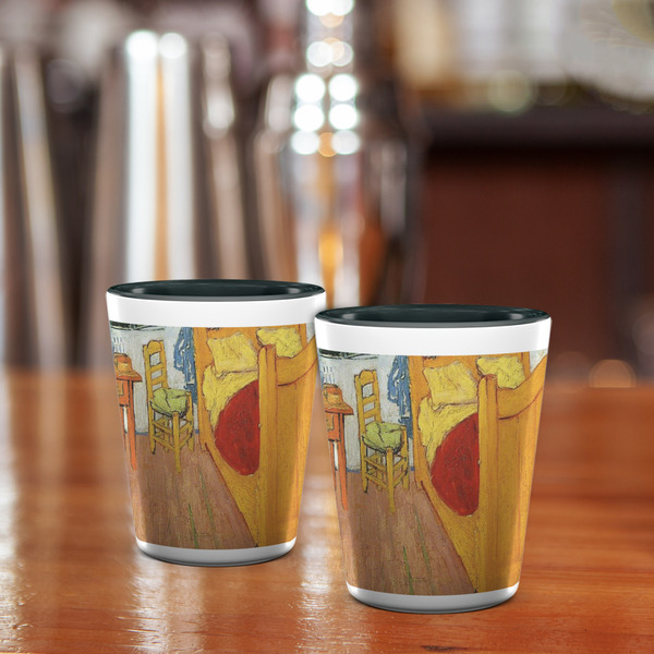 The Bedroom in Arles (Van Gogh 1888) Ceramic Shot Glass - Two Tone - Lifestyle