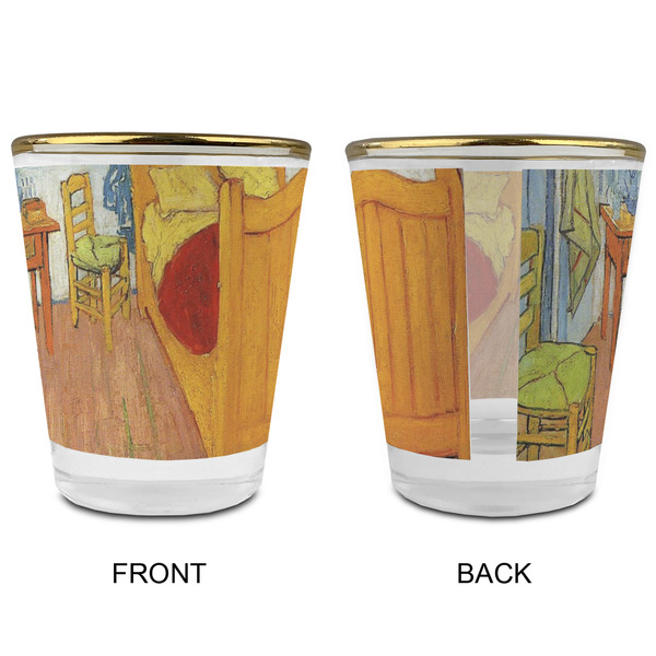 The Bedroom in Arles (Van Gogh 1888) Glass Shot Glass - Gold Rim - Front & Back