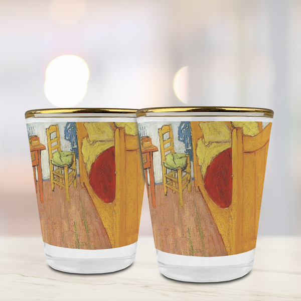 The Bedroom in Arles (Van Gogh 1888) Glass Shot Glass - Gold Rim - Lifestyle