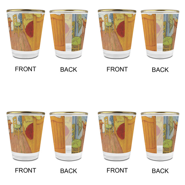 The Bedroom in Arles (Van Gogh 1888) Glass Shot Glass - Gold Rim - Set of 4 - Front & Back