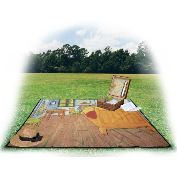 The Bedroom in Arles (Van Gogh 1888) Picnic Blanket - with Basket Hat and Book - in Use