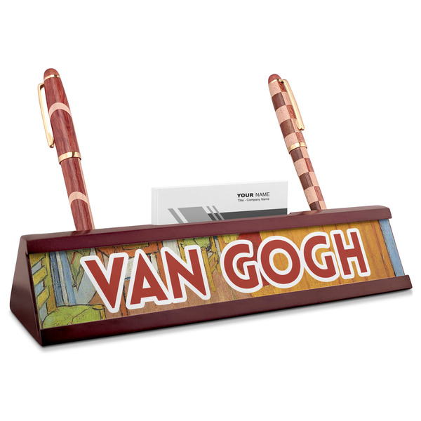 Custom The Bedroom in Arles (Van Gogh 1888) Red Mahogany Nameplate with Business Card Holder