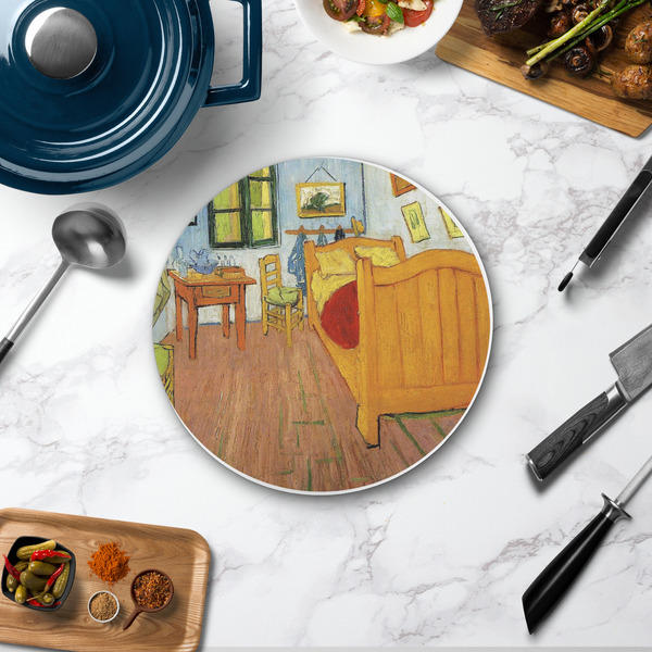 The Bedroom in Arles (Van Gogh 1888) Round Stone Trivet - In Context View