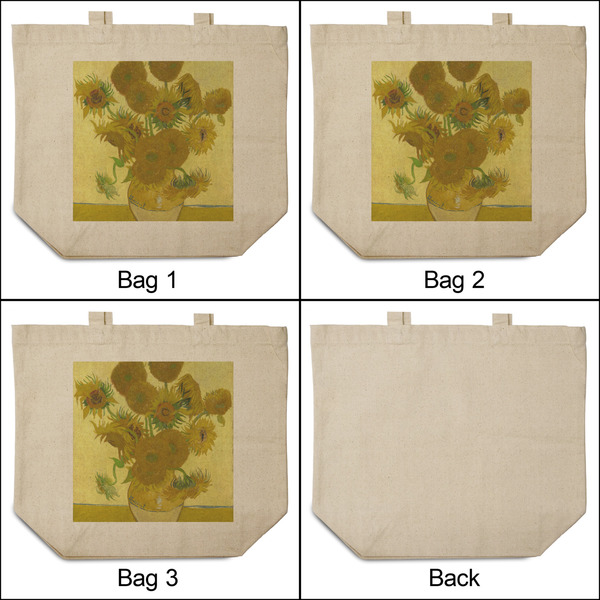 Sunflowers (Van Gogh 1888) 3 Reusable Cotton Grocery Bags - Front & Back View