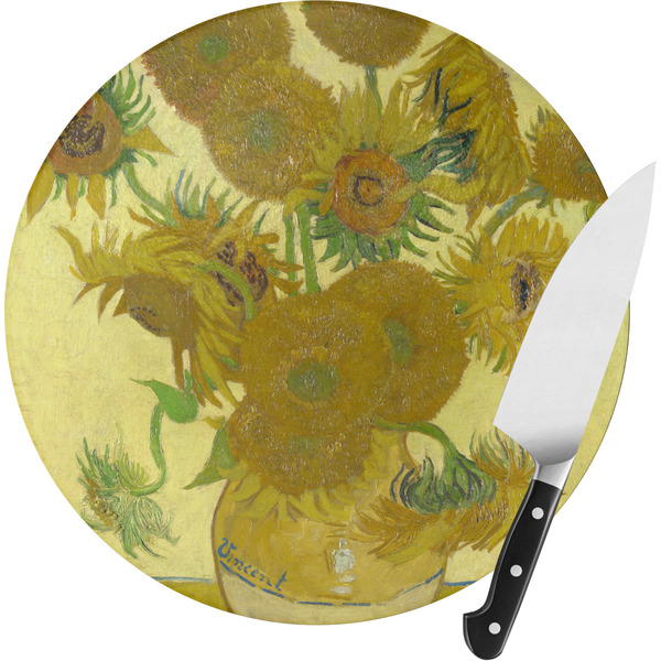 Custom Sunflowers (Van Gogh 1888) Round Glass Cutting Board - Small