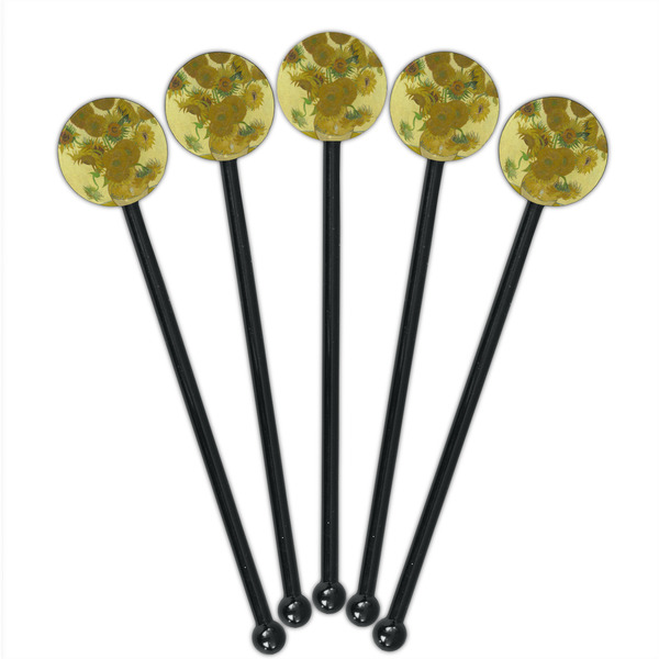 Sunflowers (Van Gogh 1888) Black Plastic 5.5" Stir Stick - Round - Fan View