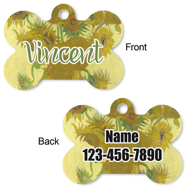 Sunflowers (Van Gogh 1888) Bone Shaped Dog ID Tag - Large - Front & Back View