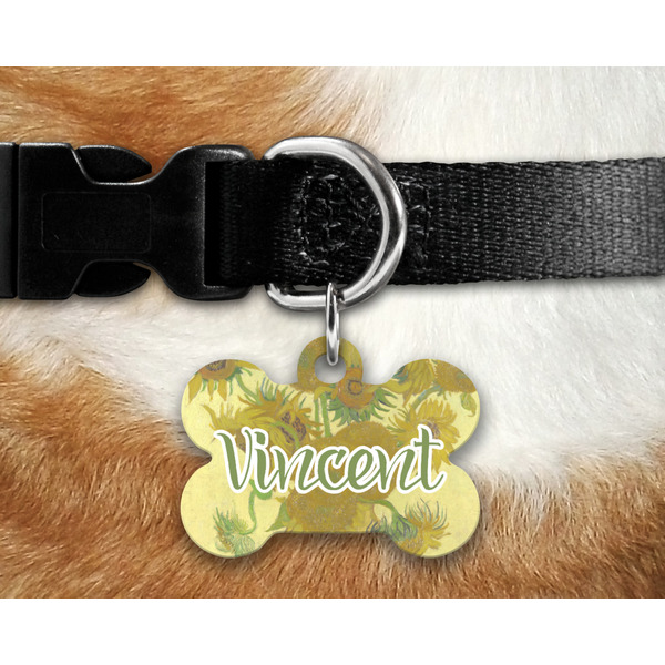 Sunflowers (Van Gogh 1888) Bone Shaped Dog Tag on Collar & Dog