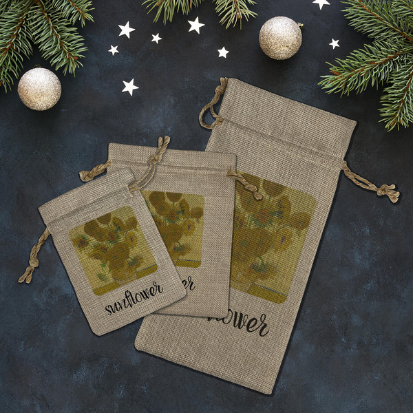 Sunflowers (Van Gogh 1888) Burlap Gift Bags - LIFESTYLE (Flat lay)