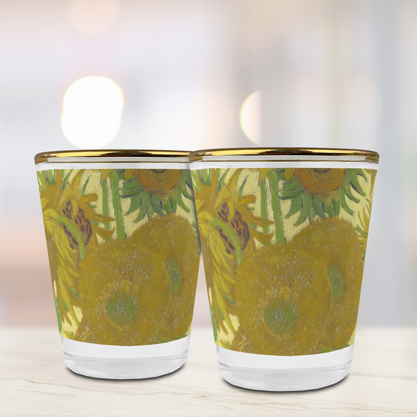 Sunflowers (Van Gogh 1888) Glass Shot Glass - Gold Rim - Lifestyle