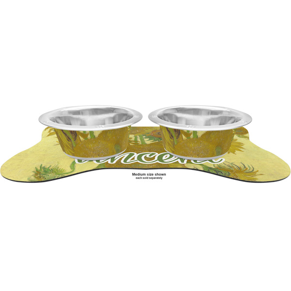 Sunflowers (Van Gogh 1888) Metal Pet Bowls - On Dog Bone Shaped Mat