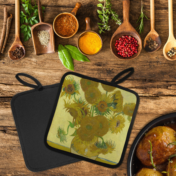Sunflowers (Van Gogh 1888) Neoprene Pot Holder - Set of 2  LIFESTYLE (Flatlay)