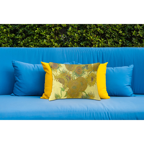 Sunflowers (Van Gogh 1888) Outdoor Throw Pillow  - LIFESTYLE (Rectangular - 20x14)