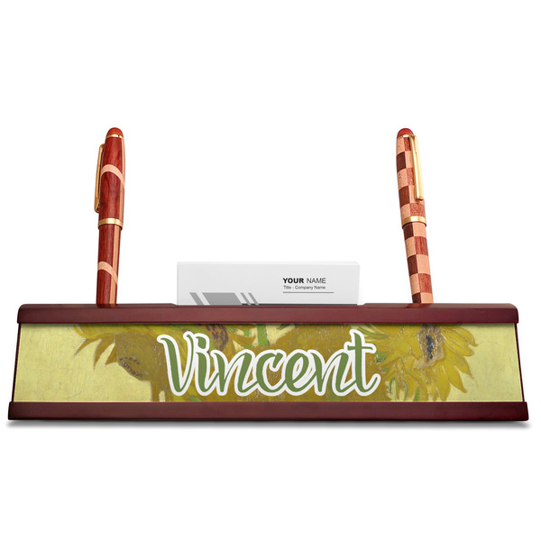 Sunflowers (Van Gogh 1888) Red Mahogany Nameplates with Business Card Holder - Straight