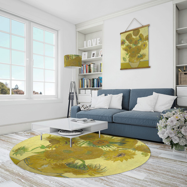 Sunflowers (Van Gogh 1888) Round Area Rug - IN CONTEXT