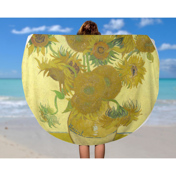 Sunflowers (Van Gogh 1888) Round Beach Towel - In Use