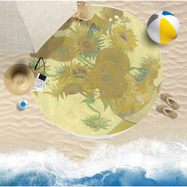 Sunflowers (Van Gogh 1888) Round Beach Towel Lifestyle