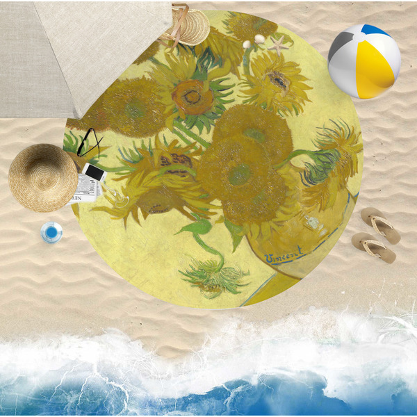 Sunflowers (Van Gogh 1888) Round Beach Towel Lifestyle