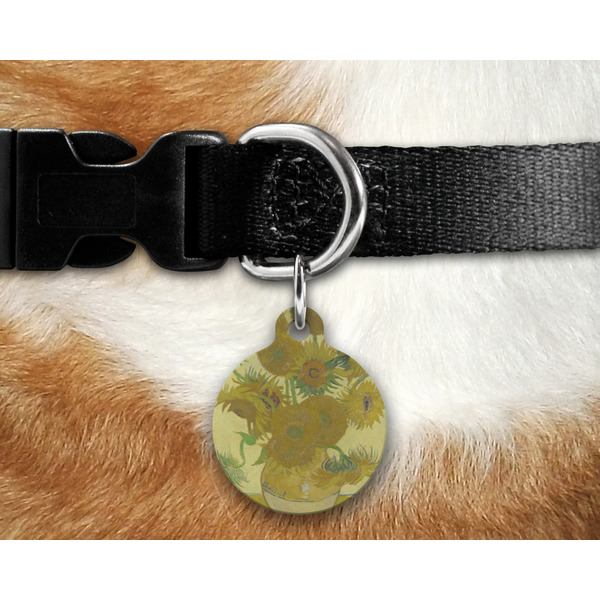 Sunflowers (Van Gogh 1888) Round Pet Tag on Collar & Dog