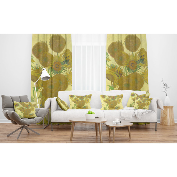 Sunflowers (Van Gogh 1888) Sheer and Custom Curtains in Room with Matching Pillows