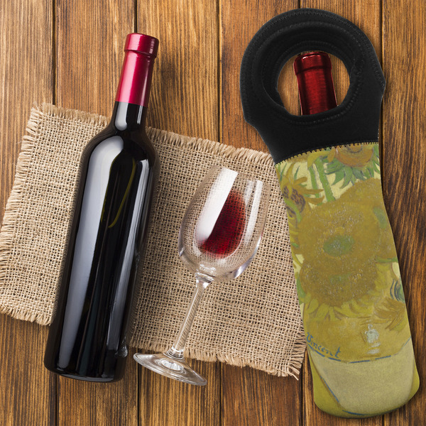 Sunflowers (Van Gogh 1888) Wine Tote Bag - On Table