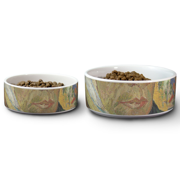 Van Gogh's Self Portrait with Bandaged Ear Ceramic Dog Bowls - Size Comparison