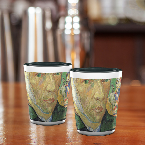 Van Gogh's Self Portrait with Bandaged Ear Ceramic Shot Glass - Two Tone - Lifestyle