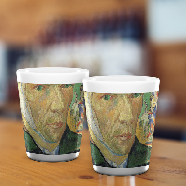 Van Gogh's Self Portrait with Bandaged Ear Ceramic Shot Glass - White - Lifestyle