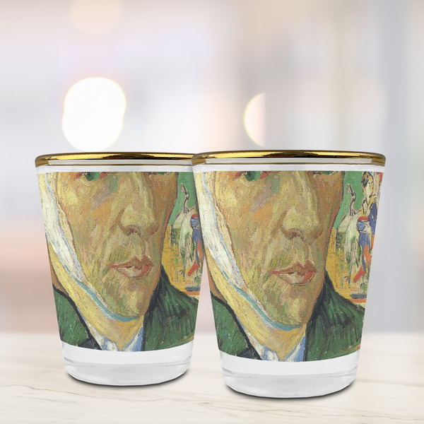 Van Gogh's Self Portrait with Bandaged Ear Glass Shot Glass - Gold Rim - Lifestyle