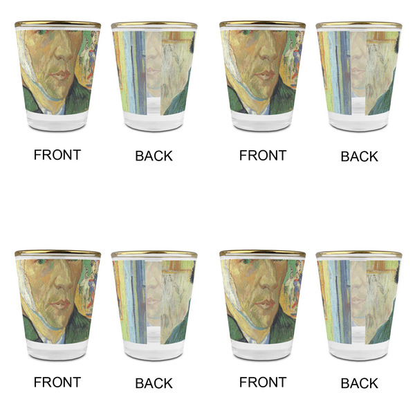 Van Gogh's Self Portrait with Bandaged Ear Glass Shot Glass - Gold Rim - Set of 4 - Front & Back
