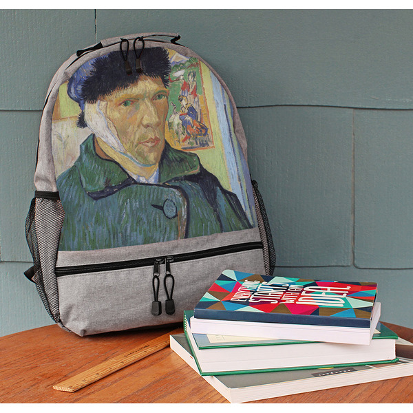 Van Gogh's Self Portrait with Bandaged Ear Large Backpack - Gray - On Desk