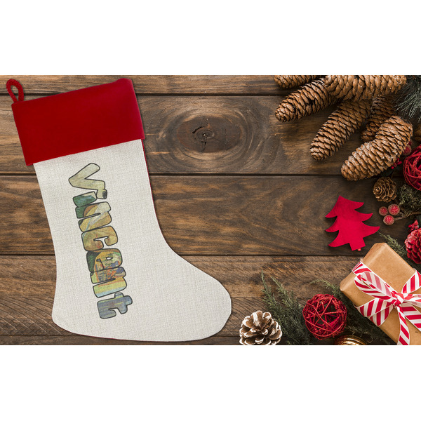Van Gogh's Self Portrait with Bandaged Ear Linen Stocking w/Red Cuff - Flat Lay (LIFESTYLE)