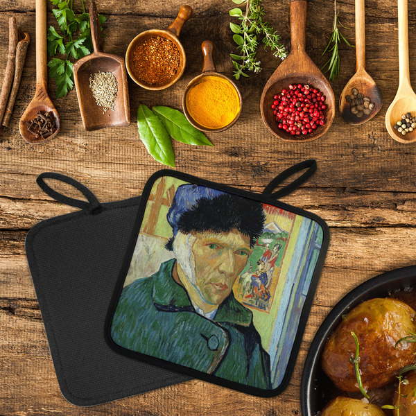 Van Gogh's Self Portrait with Bandaged Ear Neoprene Pot Holder - Set of 2  LIFESTYLE (Flatlay)
