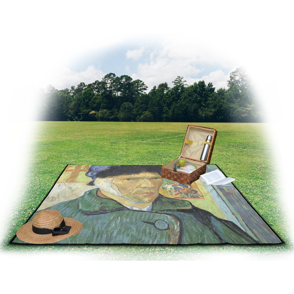 Van Gogh's Self Portrait with Bandaged Ear Picnic Blanket - with Basket Hat and Book - in Use
