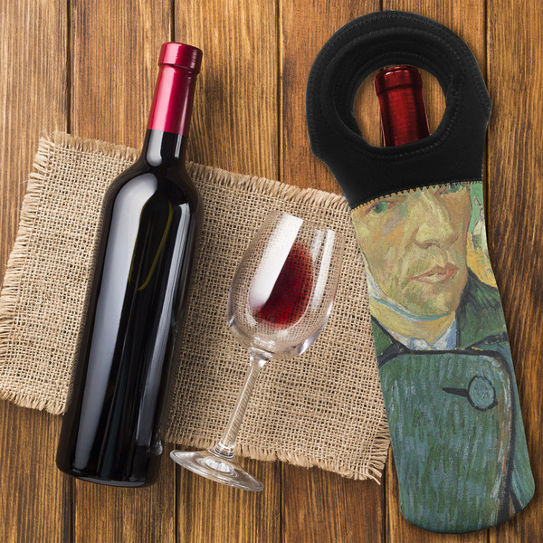 Van Gogh's Self Portrait with Bandaged Ear Wine Tote Bag - On Table
