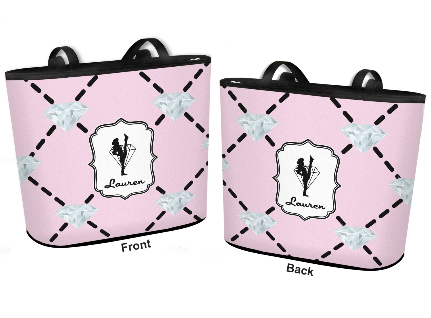 Large Diamond Dancers Bucket Bags w/Genuine Leather Trim Personalized Front 