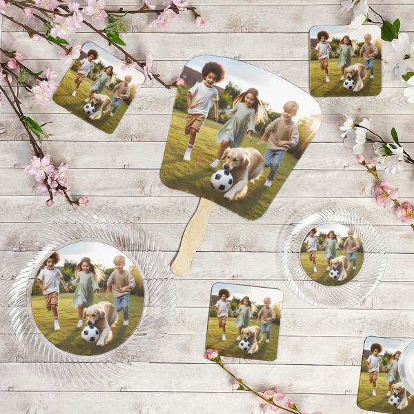 Photo Party Supplies Combination Image - All items - Plates, Coasters, Fans